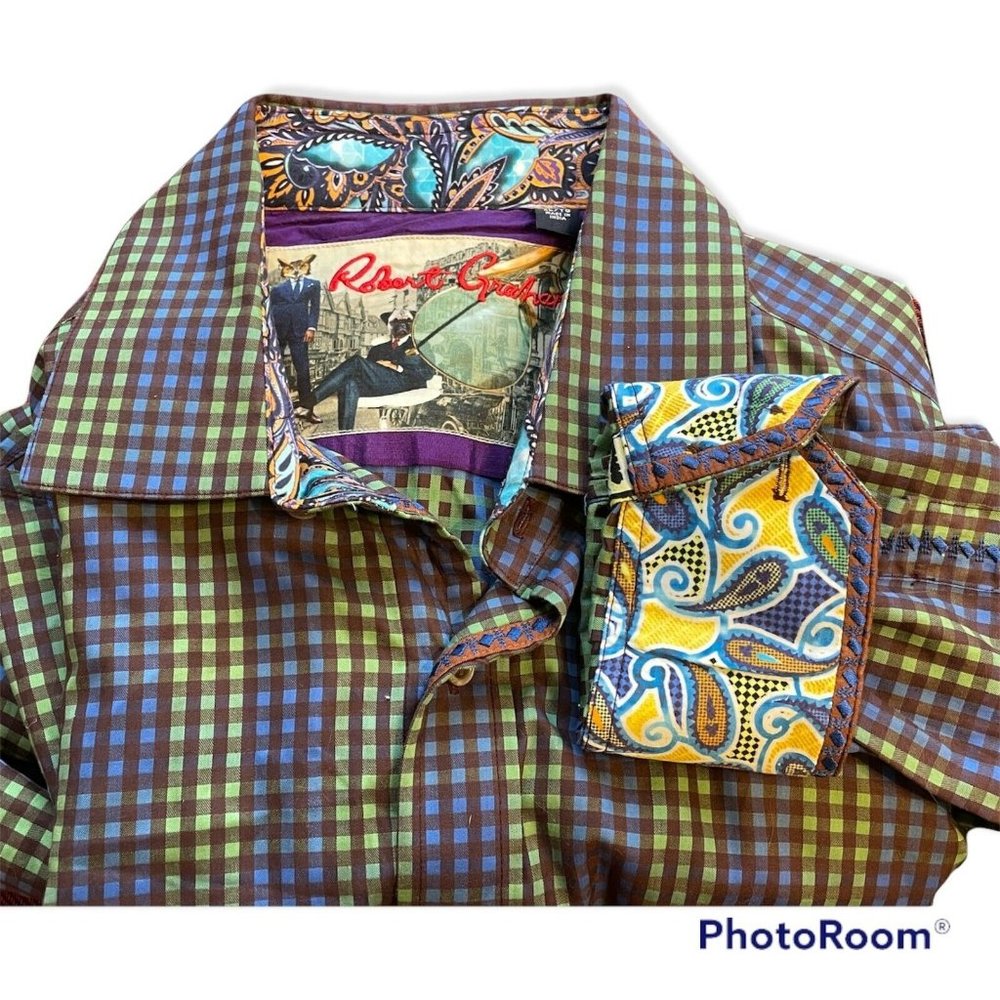 Robert Graham Mens LL Blue Green Brown Flip Cuff Long Sleeve Shirt